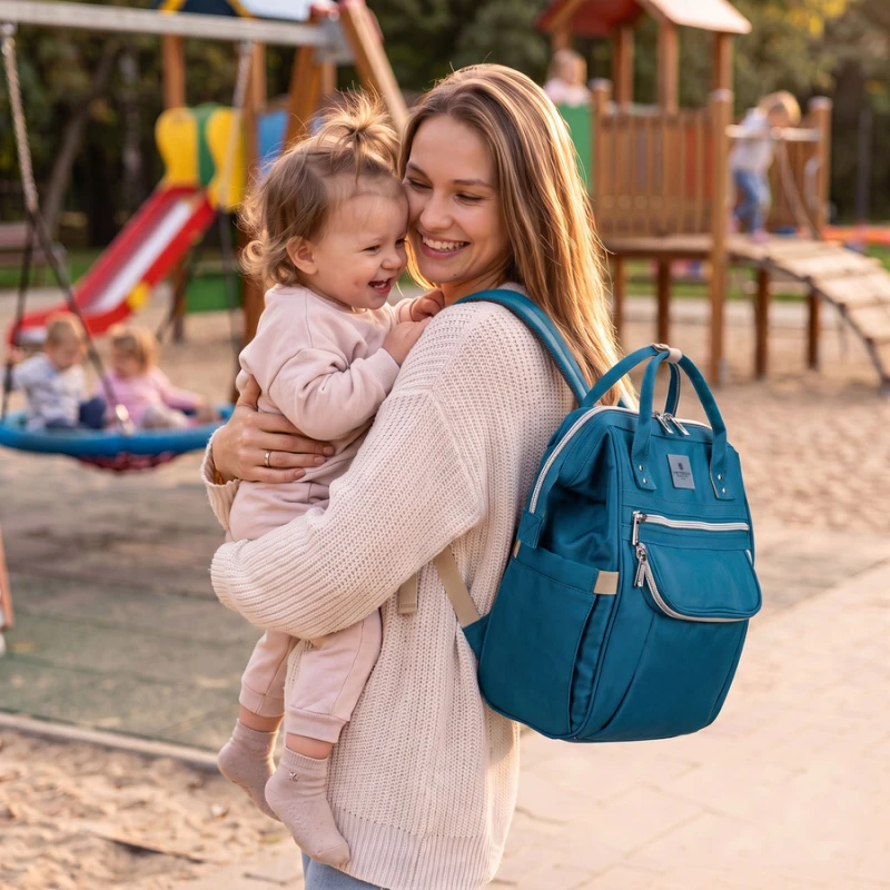 Turkusowy plecak Mommy Bag Peterson z kieszenią przednią
