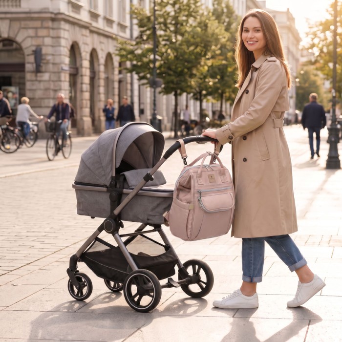 Beżowy plecak mommy-bag wykonany z poliestru, dwukomorowy i zamykany suwakiem - Peterson