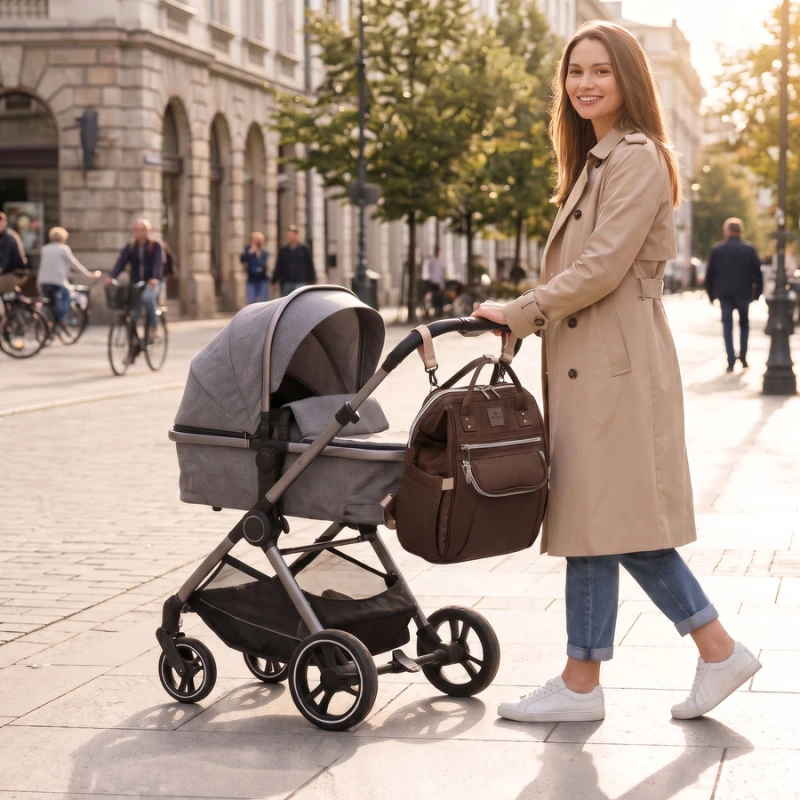 Brązowy plecak mommy-bag wykonany z poliestru, dwukomorowy i zamykany suwakiem - Peterson