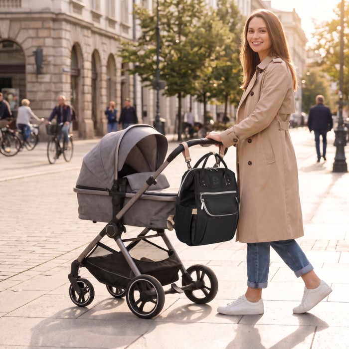 Czarny plecak mommy bag Peterson mocowany do wózka